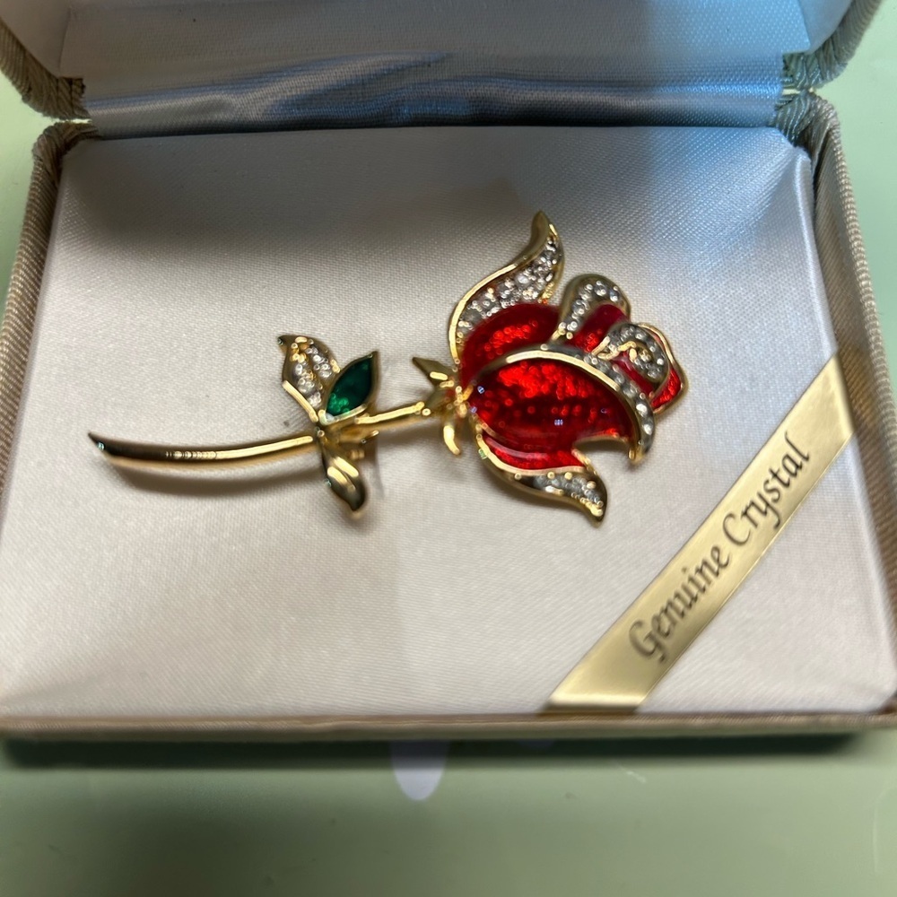 Jennifer Moore Red and Gold Crystal Rose Brooch